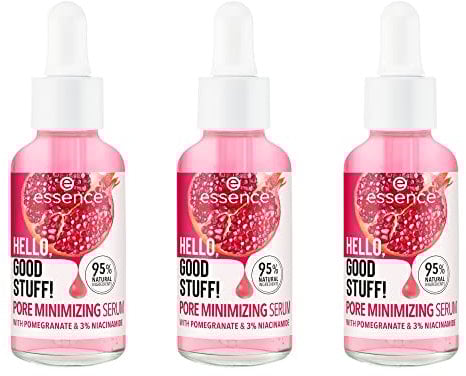 essence HELLO, GOOD STUFF! PORE MINIMIZING Serum, Gesichtsserum, Pink, feuchtigkeitsspendend, glättend, vegan, ohne Alkohol, ohne Parabene, ohne Mikroplastikpartikel, 3er Pack (3x30ml)