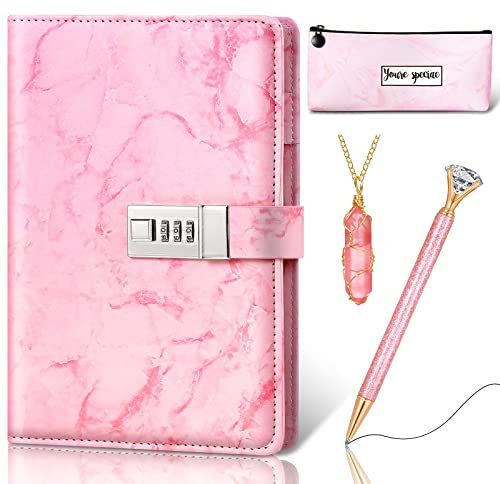 TaoBary Pink Marble Diary with Lock Journal Notebook Kit Gift for Girls and Women, Include A5 Lined Journal Notebook with Pink Crystal Stone, Pink Small Pencil Case Pen Pouch, Pink Glitter Diamond Pen