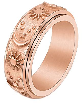 Mesnt Herrenring Gold, Spinner-Ring Mit Sonne-Mond-Stern-Gravur Zum Stressabbau Roségold Größe 62 (19.7)