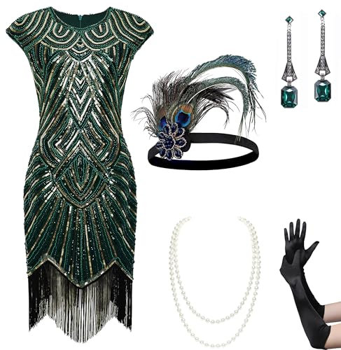 BABEYOND Damen Flapper Kleider 1920er Jahre Perlen Fransen Great Gatsby Kleid, Set - Dunkelgrün, M