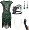 BABEYOND Damen Flapper Kleider 1920er Jahre Perlen Fransen Great Gatsby Kleid, Set - Dunkelgrün, M