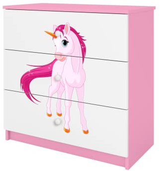 Générique Commode BABYDREAM - Unicorn - en Panneaux de Particules 81x41x80,5 cm, 3 tiroirs, Couleur Rose Poudré