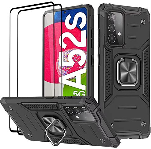 KANSi Hülle für Samsung Galaxy A52 4G&5G / A52S, Schutzfolie [2 Stück] Silikon TPU Hart PC Handy Hüllen 360 Grad Drehbar Ringhalter Bumper Stoßdämpfung Schutzhülle - Schwarz