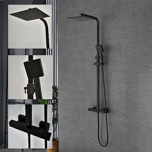 Plumbsys Cuadrado Columna de Ducha Termostática ,Negra Sistema de Ducha Termostática,Ducha de Lluvia Superior de 10In