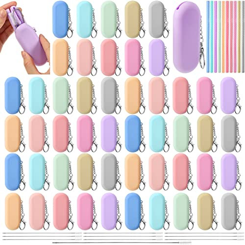 Rtteri 50 Sets Reusable Straws Foldable Silicone Straws Travel Straw Collapsible Portable Straws with Case Long Cleaning Brushes and Keychain for Home Party Travel Picnic Cold or Hot Drinking