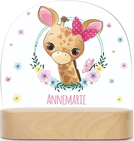 GRAVURZEILE Personalisiertes LED Nachtlicht für Kinder - Blumenkranz - Personalisiert mit Namen - Nachttischlampe für das Kinderzimmer - Geschenk für Kinder & Babys - Baby Geschenk - Giraffe