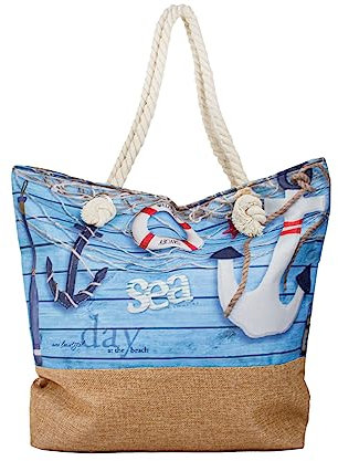 Strandtasche Badetasche XXL Familie - Wasserresistent mit Reißverschluss & Innentasche - Schwimmbad Strand Beach Tasche, Motiv wählen:TT-m84 Muscheln Anker