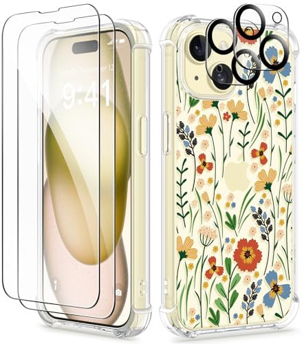 GVIEWIN Compatible with iPhone 15 Case 6.1 2023, with Screen Protectors+Camera Lens Protectors, Non-yellow Flower Clear TPU Slim Bumper Shockproof Anti-Scratch Protective Cover, Blooming Flowerets