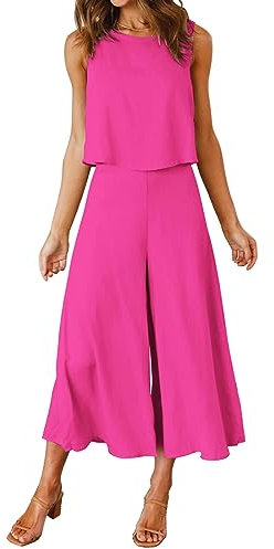 FANCYINN Combinaisons 2 pièces pour femmes - Chemise longue basique Pantalon taille haute Combinaisons Rouge rosé L