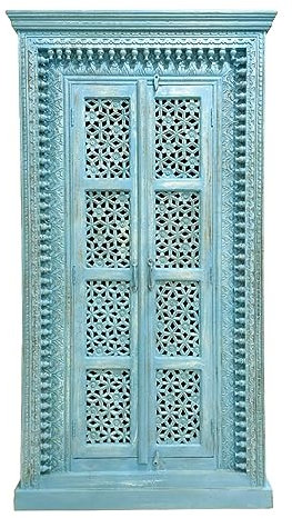 Schrank Amba indischer Schrank aus Mangoholz mit Schnitzerei Oriental Schlafzimmer Holz Blau Türkis 190 cm