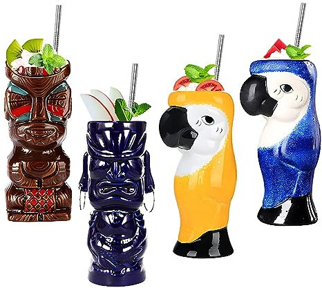 Morlinca Tiki Mugs–Tiki Becher 4er Set–Keramik Tiki gläser Cocktailgläser Tiki Bar deko Tiki Cocktail Party–Tiki Themed Parties–Halloween Parties–Hawaiianische Party,A9