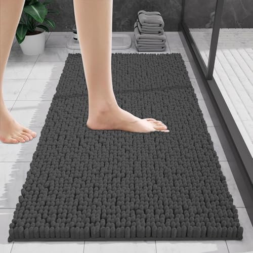 wyewye Bath Mat 40x60cm, Chenille Bathroom Mat, Extra Soft Bathroom mat Non-slip,Super Absorbent Fluffy and Shaggy Bath Mats,Machine-Washable Quick Dry Bath Rug Foot Mat,Dark Grey