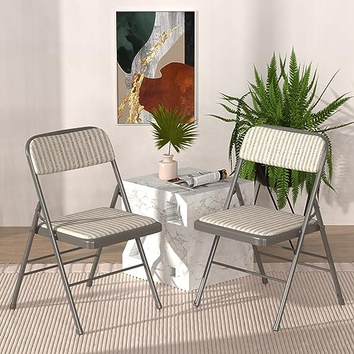 2er Set Klappstuhl Gepolstert, Beige-Grau Gestreifter Klappstühle Mit Metallgestell, Klappsessel aus Stoff, Campingstuhl Klappstuhl Balkon Garten Stühle Folding Chair für Gäste und Veranstaltungen