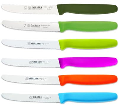 Giesser Messer 6er Set bunt Tomatenmesser Brötchenmesser Allzweckmesser 11cm Wellenschliff 3mm - olive hellgrün limette pink orange hellblau