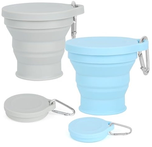 2 Stück Faltbare Silikon-Becher, 180ml BPA-frei Faltbecher Silikon mit Luftdichter Deckel Wiederverwendbares Faltbare Reisebecher Tragbares Faltbarer Becher für Picknick, Camping ,Wandern (blue+grey)