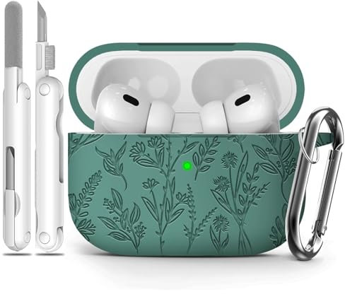 Ekoonpft Flower Engraved Case for Apple AirPods Pro 2 Gen,Soft Silicone Protective Cover for AirPods Pro 2nd/1st Generation Case Cute Airpod Case with Keychain for Women,Front LED Visible,Pine Green