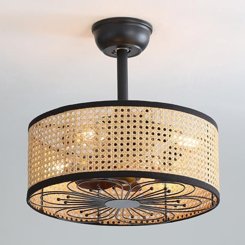 50CM Ventilador De Techo Jaula Con Luz, 6 Velocidades Reversible Y Mando A Distancia, Tejido De Ratán Lámpara Ventilador Techo E27*4-Bombilla Ventiladores De Techo Con Lámpara Para Dormitorio,B