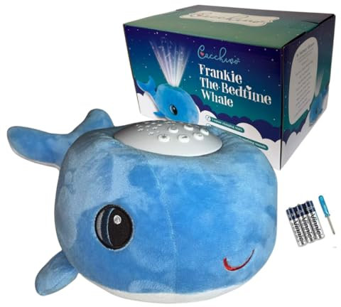 Cacchino® Award Winning Baby Sleep Soother with Cry Sensor, Musical Night Light Star Projector has Nursery Rhymes and Soothing Sounds Inc. White Noise. The Super Soft Plush Whale is an Newborn Gift.