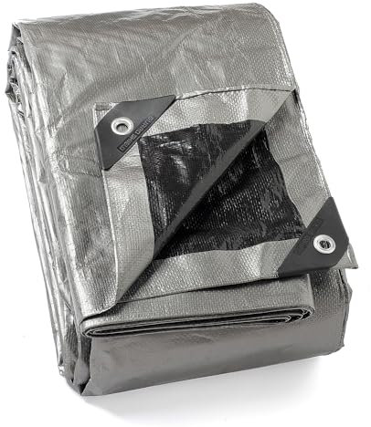 GUARD SHIELD Abdeckplane mit Ösen Wasserdicht 6m x 8m Grau Silberfarben/Schwarz Multifunktionale Polyester-Plane 120g/㎡ Gewebeplane Schutzplane Allzweckplane, Reißfest, UV-stabilisiert