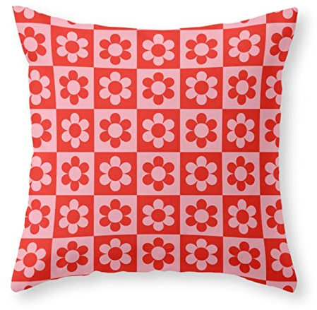 Kissenhülle, Retro-60Er-70Er-Jahre-Blumen-Karomuster Dekorative Kopfkissenbezug Premium Kissenbezüge Kissenhüllen Für Schlafzimmer Sofa Kissen 45X45Cm