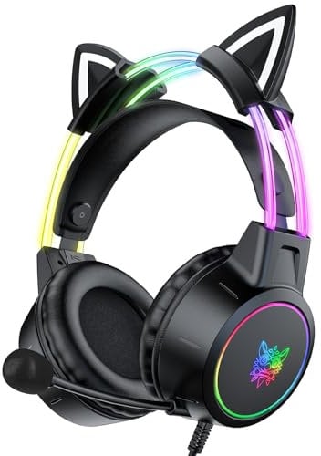 ONITOON Lightweight Gaming Headset,Removable Cat Ears, Gradient RGB Light, Wired Headphoe for PC/Mac/PS4/PS5/Xbox One/Switch/Phone, Virtual Surround Sound, Noise Cancelling Mic