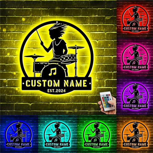 Personalisiertes Schlagzeuger-Metall-Wandschild, individueller Schlagzeuger-Name, Wandkunst, Trommelmusik, Raumdekoration, Zuhause, Trommeln, Wandkunst, Dekor, Geschenk für Jungen, Mädchen, Frauen