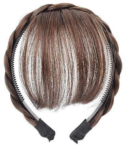 COSSIKA Pony-Kopfbedeckung, natürlicher falscher Pony, Haarteil, Stirnband, zarter Pony, Air Bangs für den Alltag, Mädchen, synthetisches Haarband, Pony