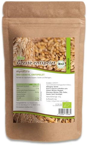 Mynatura Bio Gerste, entspelzt | Gerstenkörner | Vegane Küche | Pflanzliche Beilage | Bissfest kochen | Gerstenkorn ohne Hülle | Im Beutel 1000g