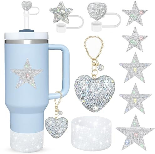 Aomaic 9 PCS Cup Accessories Set 40/30oz Includs Heart Straw Cover Cap Pentacle Straw Cover Topper Heart Hangings Glitter Silicone Sleeve and 5Pcs Rhinestone Star Stickers for Tumblers