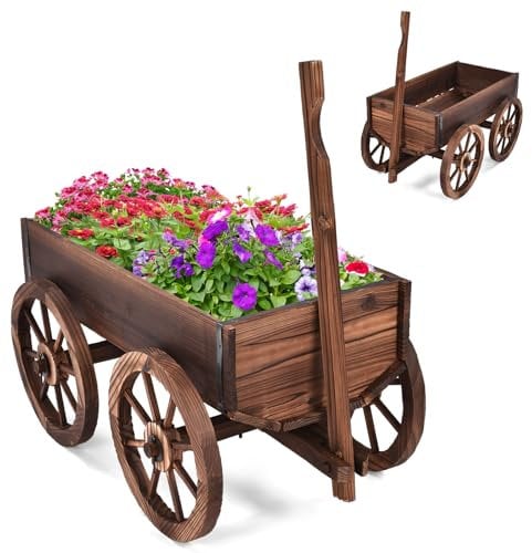 HOMASIS Carriola da Giardino in Legno, Carrello per Piante con Manico e Ruote, Fioriera Rialzata da Esterno con Fori di Drenaggio, Decorazione per Giardino, Balcone, Terrazza (120 x 43 x 53,5 cm)