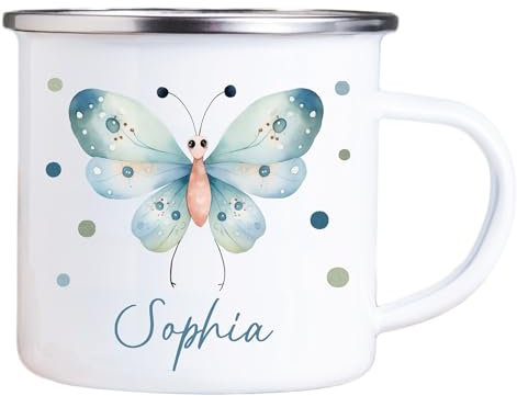 4youDesign Emaille Tasse Kinder personalisiert – Punkte Schmetterling – Tier Namenstasse – Geschenk für Jungen & Mädchen – Bruchsicher & Leicht – Geschenkidee zur Einschulung & Geburtstag - 300ml