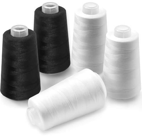 Votoko 5 Konen Nähgarn Overlockgarn, 100% Polyester Nähmaschinen garn Set, 40/2 Je 3000 Yard, Insgesamt 15000 Yard, Overlock Nähgarn für Stickmaschine, Handnähen (3 Weiß + 2 Schwarz)