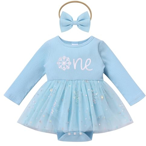 Odizli Baby Mädchen 1. Geburtstag Outfit Langarm Gerippt Strampler Pailletten Tüll Kleid + Stirnband Bekleidungssets