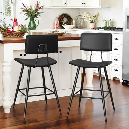 LUE BONA Barhocker 2er Set,Tresenhocker mit Fußstütze,Sitzhöhe 63cm,Kunstleder Barstuhl mit Lehne,gepolstert Thekenhocker,Schwarz