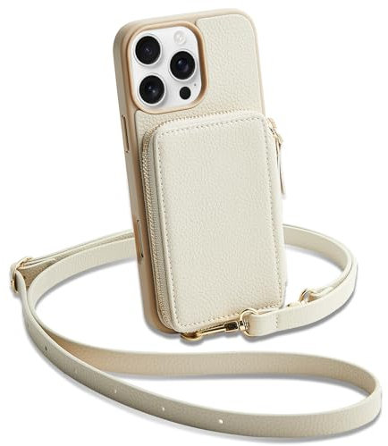 CUSTYPE für iPhone 16 Pro Hülle mit Band, Kartenfach und Geldbörse aus Mikrofaserleder - Handykette Beige 6,3