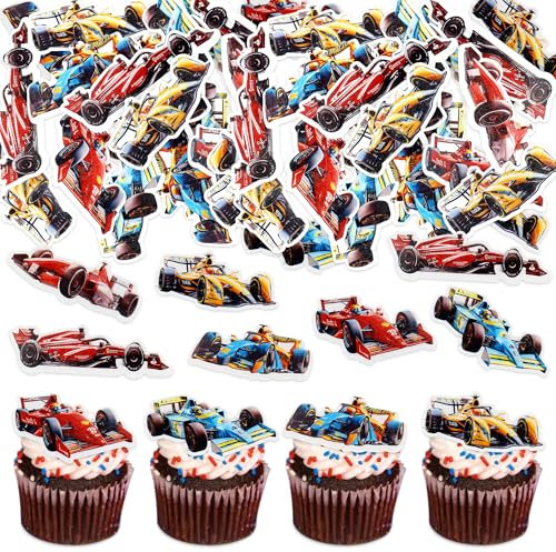 Blumomon 48Pcs Edible Race Car Cupcake Toppers Edible Happy Birthday Cake Decoration Racing Car Cupcake Picks for Racing Sports Theme Baby Shower Boys Birthday Party Cake Supplies
