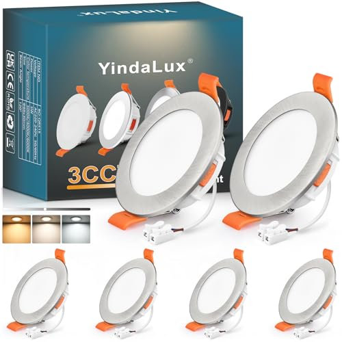 YindaLux LED Einbaustrahler 230V Ultra Flach 5W IP44 LED Spots Dimmbar 68mm lochmaß Deckenspots 550LM Einbauleuchten Warmweiß Neutralweiß Kaltweiß Einbauspots für Bad Wohnzimmer, Nickel 6er Set
