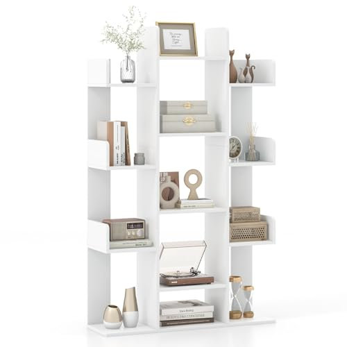 COSTWAY 13 Tiers Bookshelf, Floor Standing Tree Shaped Bookcase Magazines Organiser Unit, Home Office Living Room Storage Rack Display Stand (White)