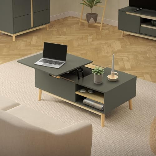 ML-Design Couchtisch 100x56x40 cm Grün-Natur, Wohnzimmertisch mit höhenverstellbarer Tischplatte, Kiefernholz-Füße, Sofatisch mit offener/versteckter Stauraum, Kaffeetisch Beistelltisch für Wohnzimmer