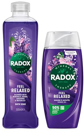 Radox Mineral Therapy Feel Relaxed Gift Set - Lavender & Waterlily, Includes 500ml Bath Soak and 225ml Shower Gel for a Calming Experience | 2 Pack