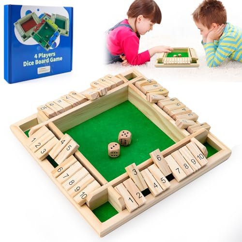 KFETFE Shut The Box Spiel 4 Spieler Würfelspiel Holz Brettspiel Klappbrett Spiel Mathematik Lernspielzeug ab 3 4 5 6+ Jahre