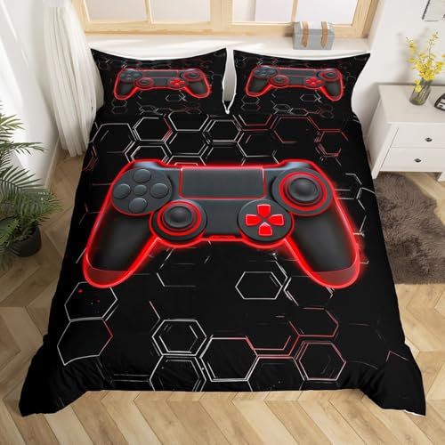 Loussiesd Honeycomb Gamer Duvet Cover Set Single Size For Kids Boys Teens Hexagonal Gaming Bedding Set Red Neon Gamepad Comforter Cover with 1 Pillowcase Game Console Controller Beds Set