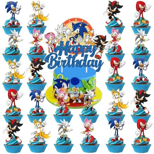 25Pcs Cake Toppers, Cake Decorations, Cup Cake Toppers, Hedgehog Birthday Party Cake Decorations Supplies for Boys Kids