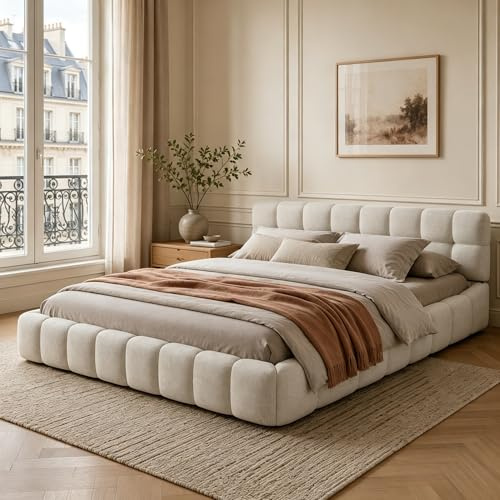 YGHQAP Polsterbett Bubble Bett 140x190cm Doppelbett mit Lattenrost und weicher Rückenlehne Jugendbett Flachbett Bettgestell, Leinen, ohne Matratze (Beige, 140 * 190)