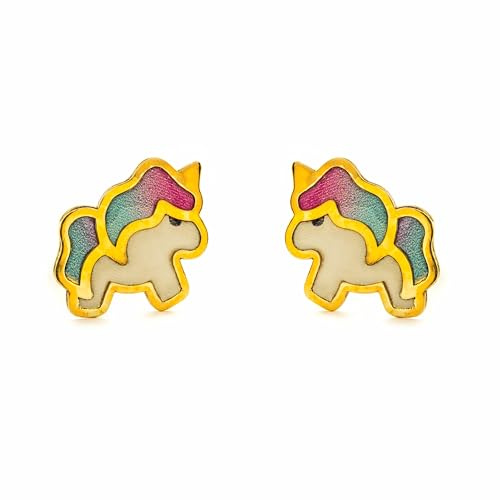 Mädchen Ohrringe Gelbgold 9K Einhorn Emaille Mehrfarbig Glanz - Geschenkbox - Garantiezertifikat - Mondepetit