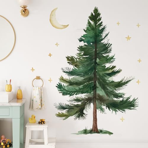 Runtoo Calcomanía de pino para pared, despegar y pegar, calcomanías de pared de árbol de montaña de bosque de Navidad para guardería, dormitorio, sala de estar, decoración de pared