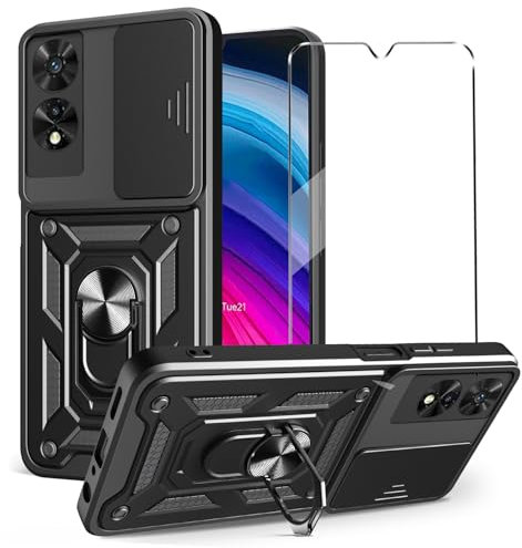 2-in-1 Case for TCL 505 Tempered Glass with Slide Camera Protection Cover Screen Protector Phone Case Heavy Duty Military Grade Protective Cover phone holder,Blue