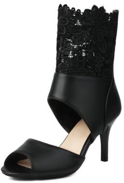 Donna Pelle Sintetica Pizzo Stivali Corti Tacco A Spillo Alto Décolleté da Vestito da Ballo per Feste Peep Toe Sandali Estivi con Cerniera,Nero,36 EU