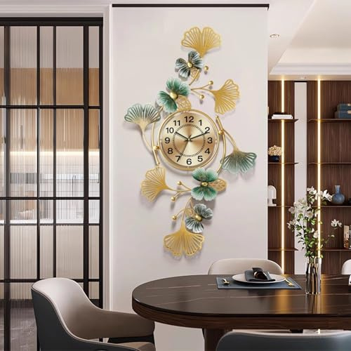 KHCCJP Large Decorative Wall Clock - Modern Silent Non-Ticking Wall Clocks - Metal Iron Ginkgo Leaf Design Fancy Style Wall Quartz Clock for Living Room Bedroom Hotel Porch (Gold, 83 * 48CM)