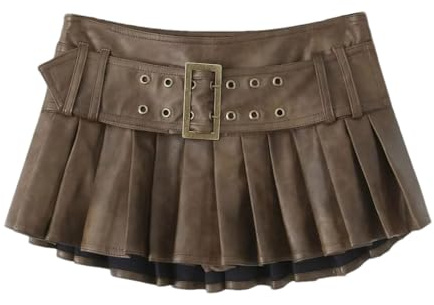 Y2k Damen-Falten-Minirock, Vintage-Stil, mit Gürtel, niedrige Taille, Lederröcke, braun, M